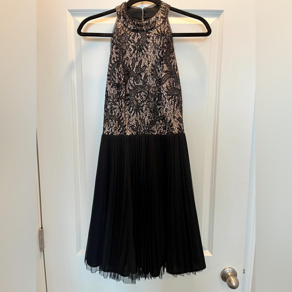 Black Nude Lace Flare Sequin Mesh Sheath Sleeveless Cocktail Party Dress